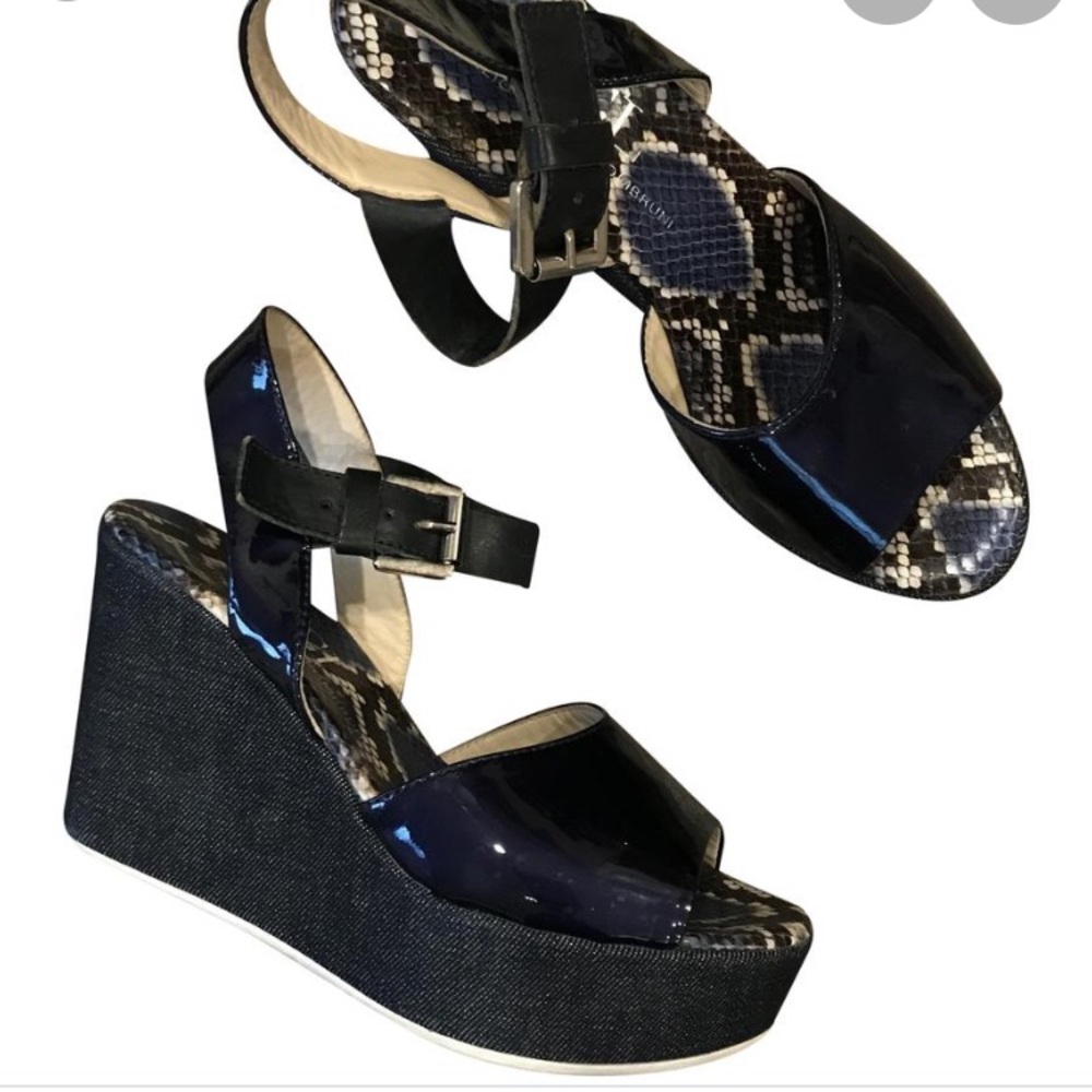 AGL patent leather and denim wedge strap sandal